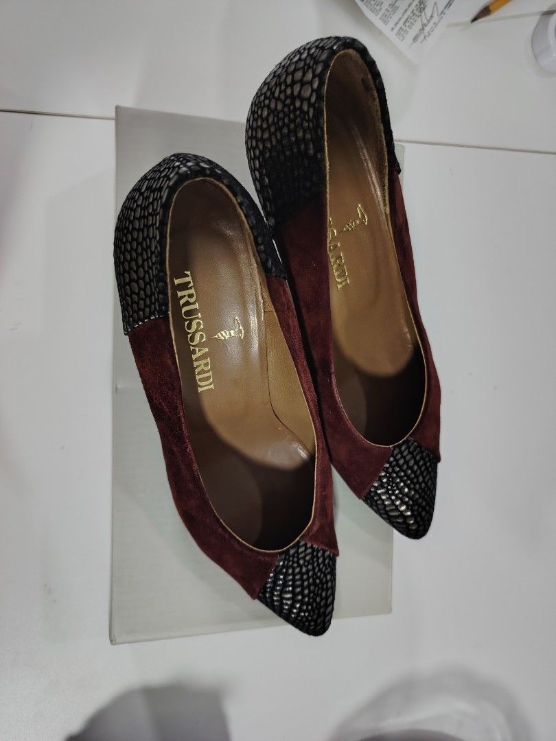 Trussardi Maroon Suede Pointed Toe Heels Size 5 (Category: Heels) located in Manila. Submitted by theshopandsmile (Listing ID 1469528443, Image 3). Description: - Brand: Trussardi - Color: Maroon suede with textured black pattern - Size: 5 (Made in Japan) - Style: Pointed toe mid-heels - Details: Gold logo stamped inside the sole - Condition: Clean insides, paper stuffing still intact.