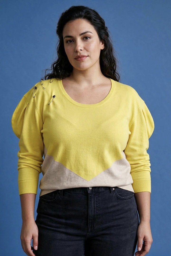 TSUMORI CHISATO (Category: Longsleeves) located in Davao. Submitted by sart0ria85 (Listing ID 1469550475, Image 2). Description: Colorblock knit sweater (Yellow & Beige) with decorative shoulder safety pins. 65% COTTON 35% CASHMERE WOOL MADE IN CHINA 🇨🇳 LARGE. Size 8 VERY GOOD CONDITION (89/100).