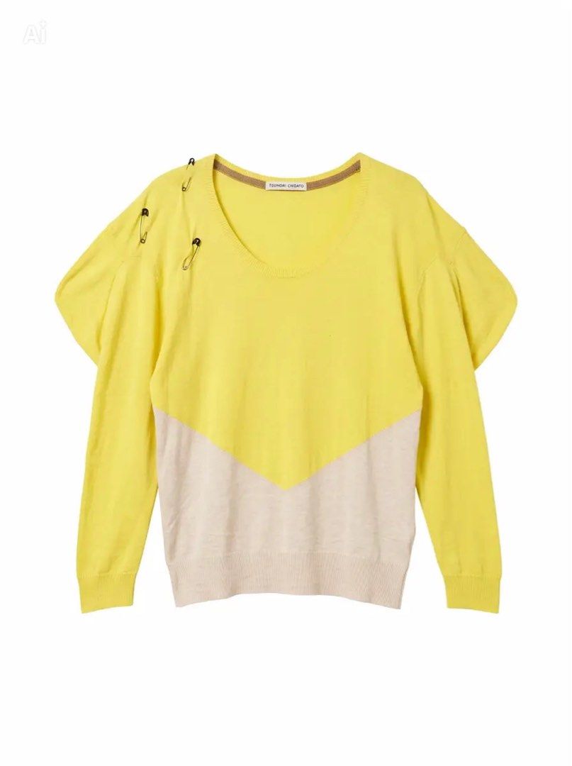 TSUMORI CHISATO (Category: Longsleeves) located in Davao. Submitted by sart0ria85 (Listing ID 1469550475, Image 1). Description: Colorblock knit sweater (Yellow & Beige) with decorative shoulder safety pins. 65% COTTON 35% CASHMERE WOOL MADE IN CHINA 🇨🇳 LARGE. Size 8 VERY GOOD CONDITION (89/100).
