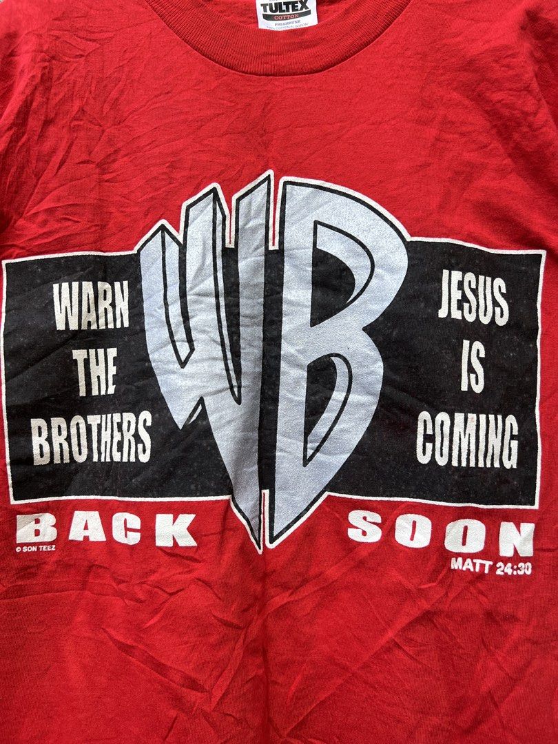 Tultex Warn the Brothers tee (Category: Luxury Apparel) located in Cebu City. Submitted by kayekallie (Listing ID 1469507317, Image 3). Description: Authentic ❗️ Tultex Warn the Brothers jesus parody tee W19.5 L29.5 Very good as new condition 9.9/10 color rate No major issue .