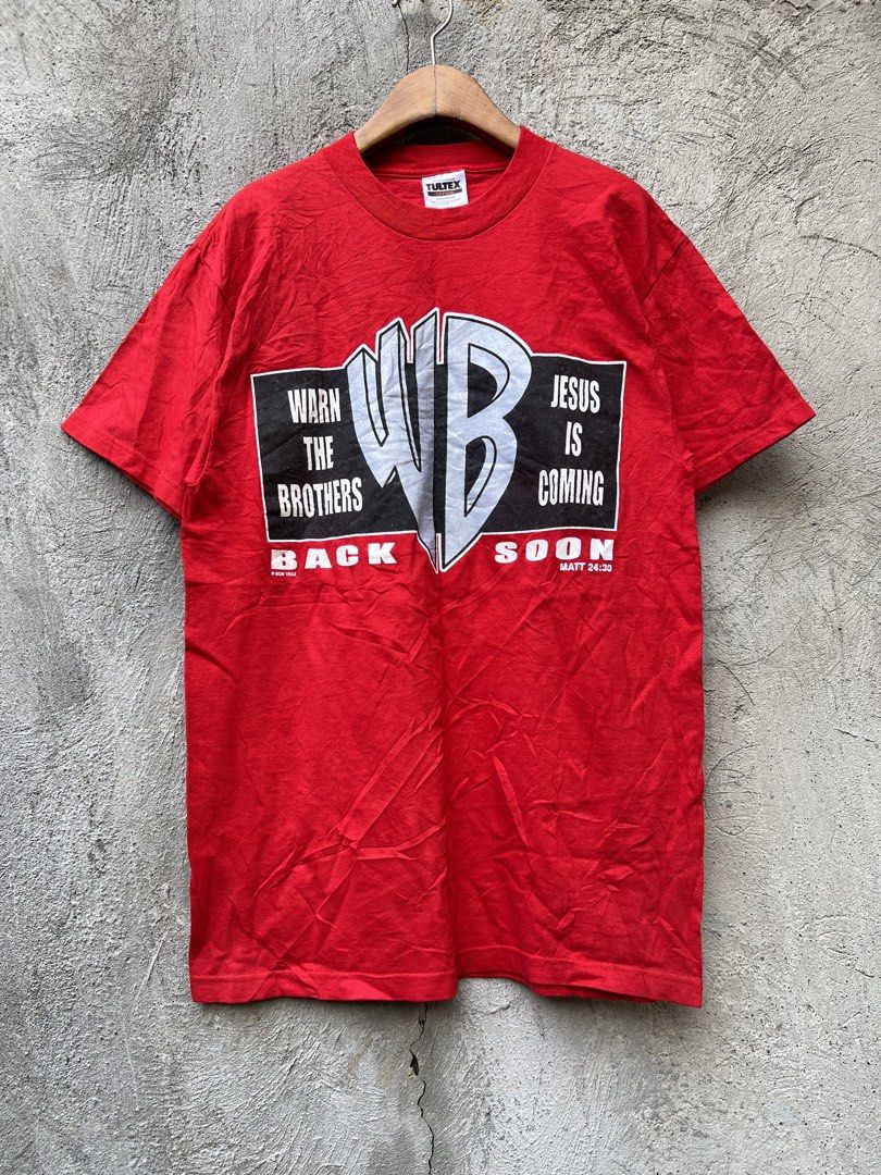 Tultex Warn the Brothers tee (Category: Luxury Apparel) located in Cebu City. Submitted by kayekallie (Listing ID 1469507317, Image 2). Description: Authentic ❗️ Tultex Warn the Brothers jesus parody tee W19.5 L29.5 Very good as new condition 9.9/10 color rate No major issue .