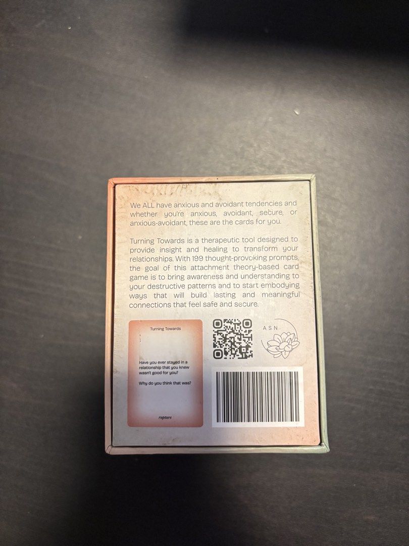 Turning Towards Attachments Card Game (Category: Board Games & Puzzles) located in Manila. Submitted by mganovelo64040 (Listing ID 1469477226, Image 2). Description: Turning Towards Attachments card game by ASN Wellness. Features 199 prompts based on attachment theory for anxious, avoidant, and secure patterns. Categories cover reflection, connection, rupture, and repair..