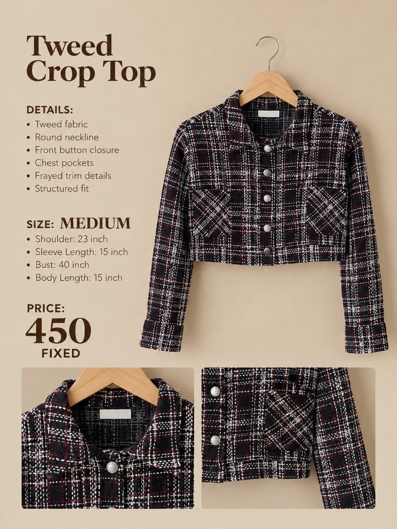 TWEED CROP TOP (Category: Coats, Jackets and Outerwear) located in Manila. Submitted by gladandko (Listing ID 1469534207, Image 1). Description: .