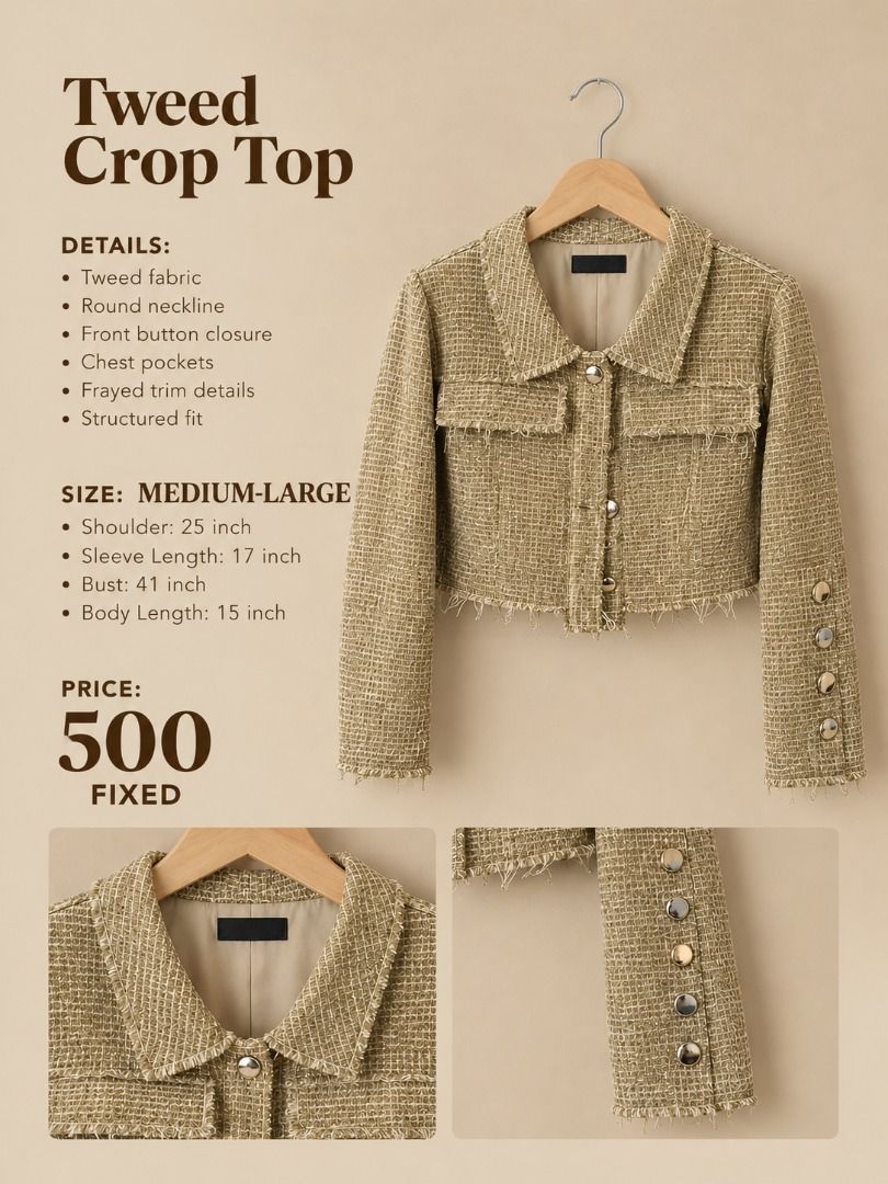 TWEED CROP TOP BLAZER (Category: Coats, Jackets and Outerwear) located in Manila. Submitted by gladandko (Listing ID 1469534593, Image 1). Description: .