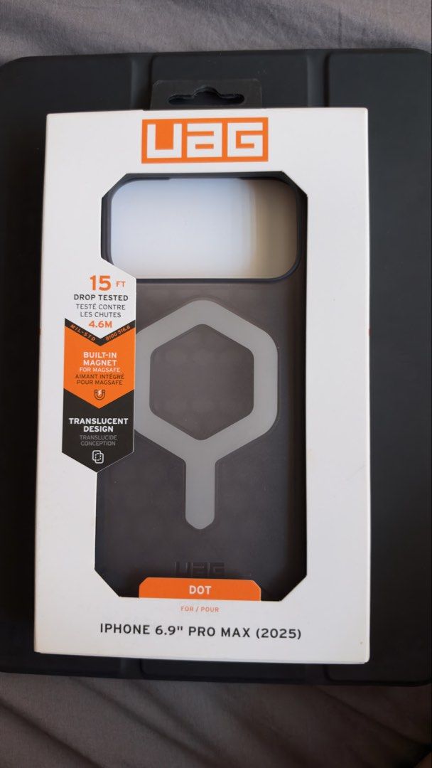 UAG Pro Dot MagSafe iPhone 17/18 Pro Max Ash Case (Category: Cases & Sleeves) located in Manila. Submitted by keepcoolmnl (Listing ID 1469571971, Image 1). Description: - Model: UAG Pro Dot Case with MagSafe - Compatibility: iPhone 17 Pro Max - Color: Ash - Condition: Brand new, unopened in original retail box - Protection: Military drop-protection certified (MIL STD 810G 516.6) - Design: Lightweight with enhanced corners, impact-resistant core, 