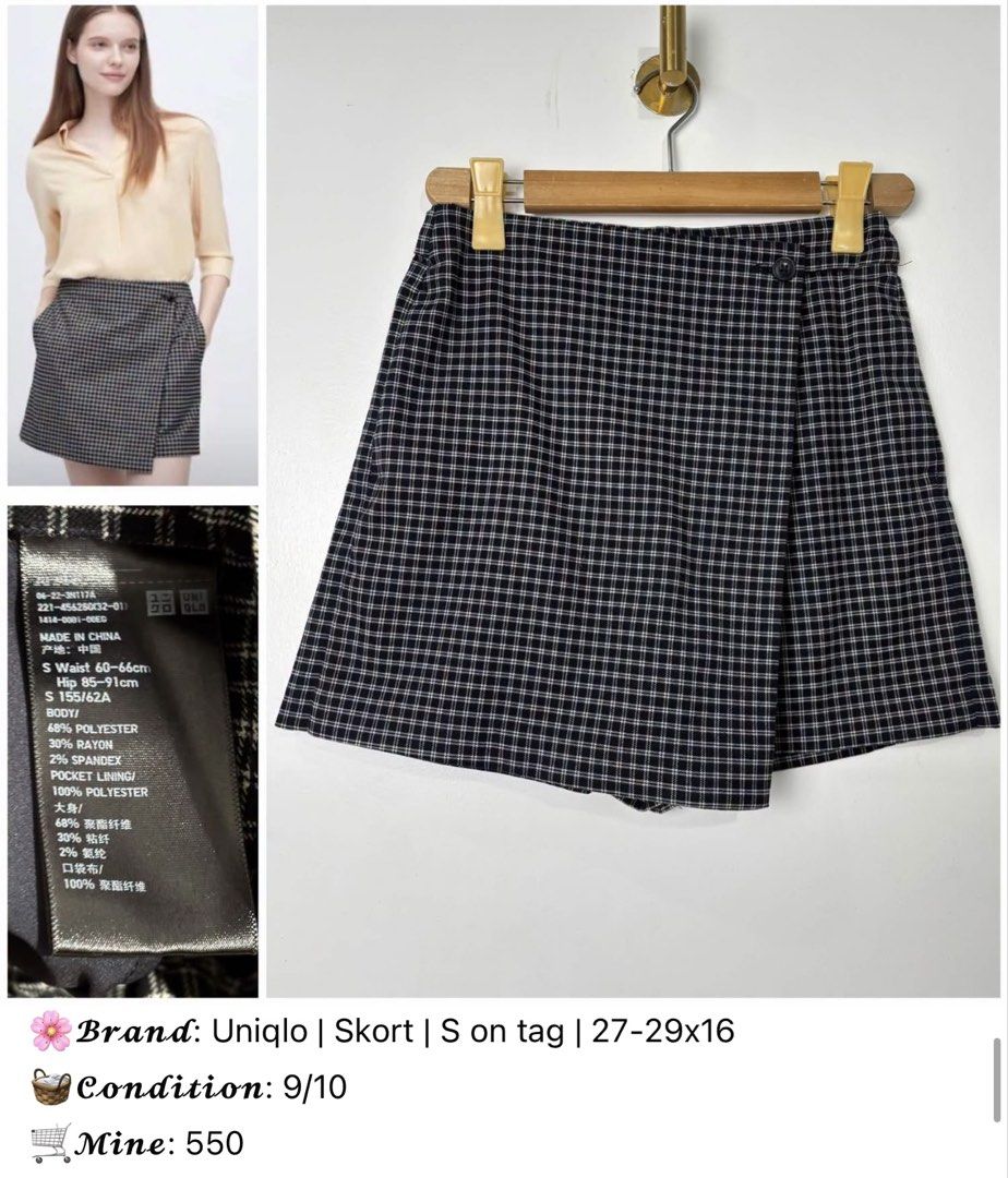 Uniqlo Black Checkered Skort Size S (Category: Skirts) located in Calamba. Submitted by anneramos0929 (Listing ID 1469536143, Image 1). Description: - Brand: Uniqlo - Item: Checkered Skort - Color: Black and White - Size: S on tag (Best fits waist: 60-66cm, Hips: 85-91cm) - Material: Polyester, rayon, and spandex blend with polyester pocket lining - Condition: Great staple piece for casual days.