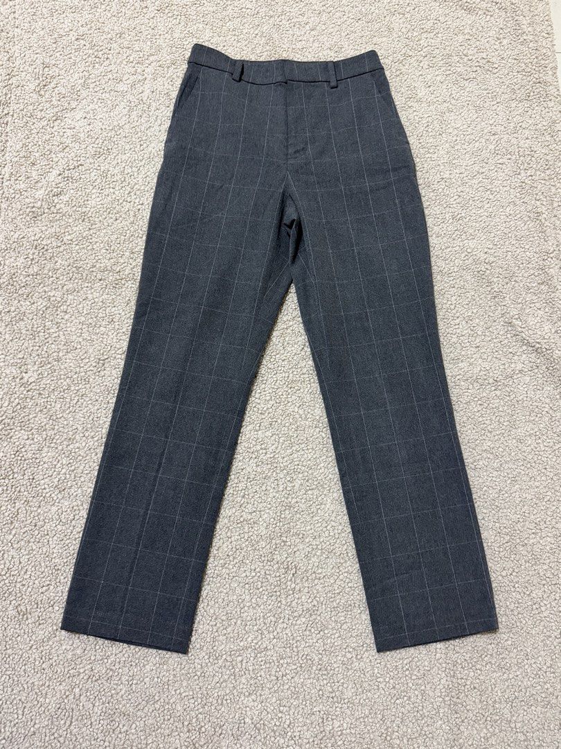 Uniqlo Grey Checked Windowpane Trousers Size S (Category: Trousers) located in Las Pinas. Submitted by ann.co. (Listing ID 1469545605, Image 1). Description: - Brand: Uniqlo - Color: Dark grey with subtle windowpane check - Size: S (Fits waist 60-66cm, hip 85-91cm) - Material: 67% polyester, 29% rayon, 4% spandex - Style: Regular cut, ankle length - Versatility: Great for office wear or casual outings.