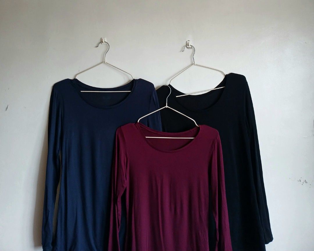 Uniqlo Heattech Extra Warm and Regular Longsleeves Bundle Take All LARGE (Category: Longsleeves) located in Quezon City. Submitted by hzl_praise (Listing ID 1469496205, Image 2). Description: Uniqlo Heattech Extra Warm and Regular Longsleeves 3 for 500 | Large Bundle 2 PCS. Uniqlo Heattech Regular Color: Navy Blue, Magenta (Size: Large on tag) 1 PC. Uniqlo Heattech Extra Warm Color: Black (Size: Large on tag) Uniqlo Heattech Extra Warm Knitted Co
