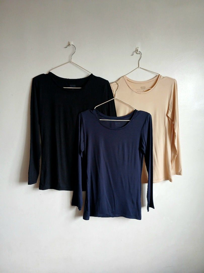 Uniqlo Heattech Regular Longsleeves Bundle Take All MEDIUM (Category: Longsleeves) located in Quezon City. Submitted by hzl_praise (Listing ID 1469429867, Image 1). Description: Uniqlo Heattech Regular Long Sleeves 3 for 450 | Medium Bundle 3 PCS. Uniqlo Heattech Regular Color: Black, Nude, Navy Blue (Size: Medium on tag) All Items: No issues, no pinholes, no stains | In good condition | Like new | Steamed Good Fabric Quality Extras: •More detail