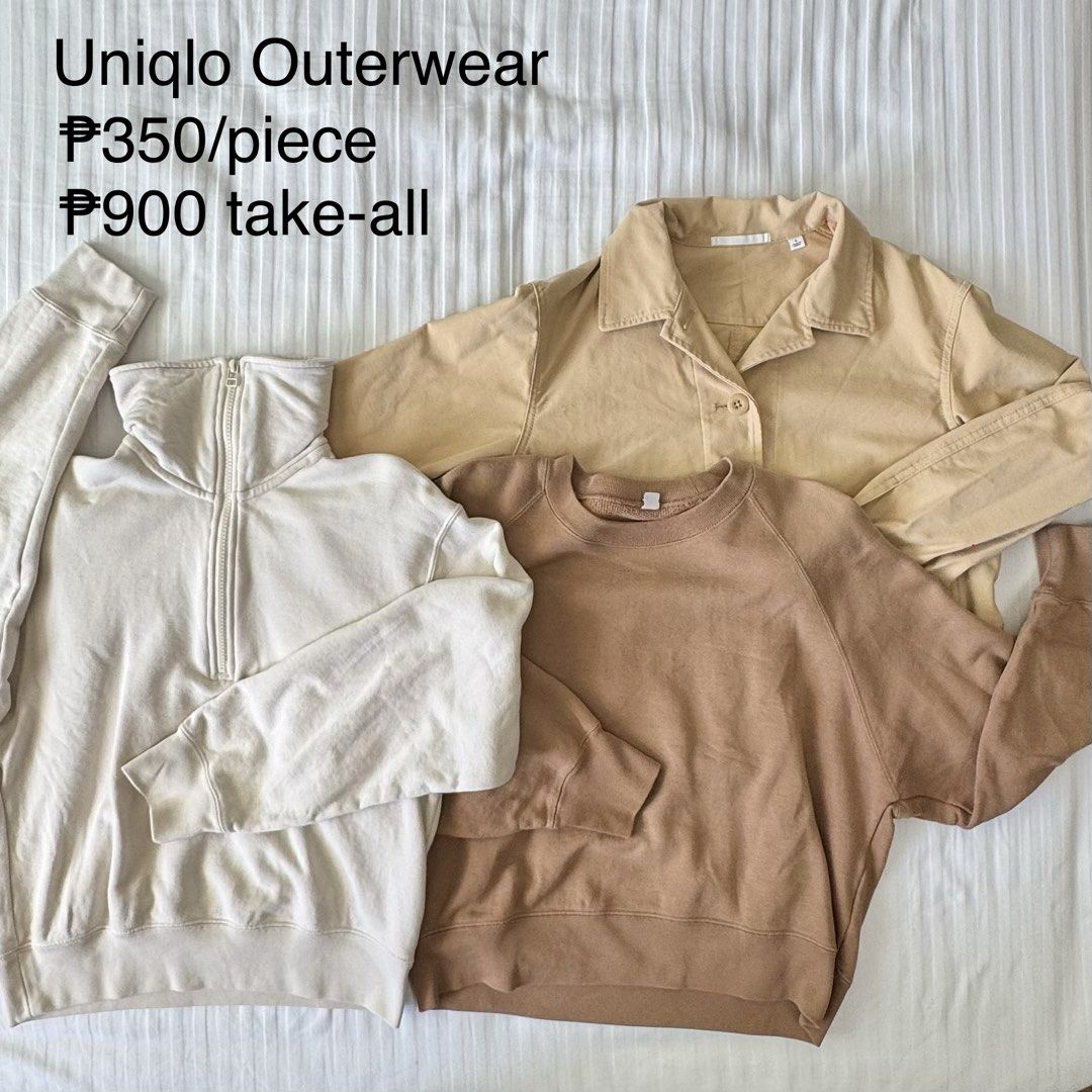 Uniqlo Outerwear Bundle - 3 pieces (Category: Coats, Jackets and Outerwear) located in Cagayan de Oro. Submitted by oalmton (Listing ID 1469459704, Image 1). Description: - Brand: Uniqlo - Bundle of 3 versatile earth-toned pieces - Includes: Beige collared jacket, white half-zip sweatshirt, and brown crewneck sweatshirt - Easy to mix and match for daily outfits - Price: ₱350 per piece or ₱900 for the whole bundle - Condition: Excellent.