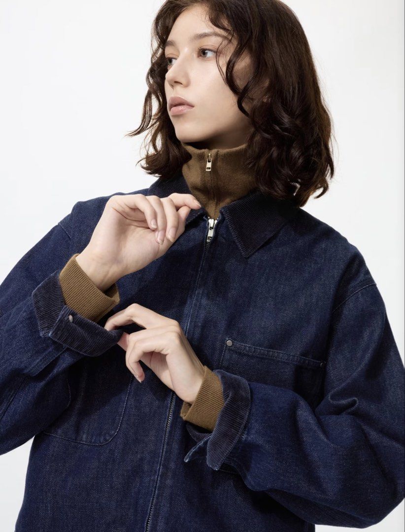 Uniqlo Zip Up Short Jacket Denim Navy (Brand New) (Category: Coats, Jackets and Outerwear) located in Quezon City. Submitted by pamela.juan (Listing ID 1469564846, Image 3). Description: - Brand: Uniqlo Style: Zip Up Short Jacket Denim - Details: Contrast corduroy collar, full zip closure, and dual front patch pockets with rivet details Color: Navy - Fit: Boxy fit, ideal for layering - Condition: Clean, hasn’t been worn. rfs: too big for me. Note