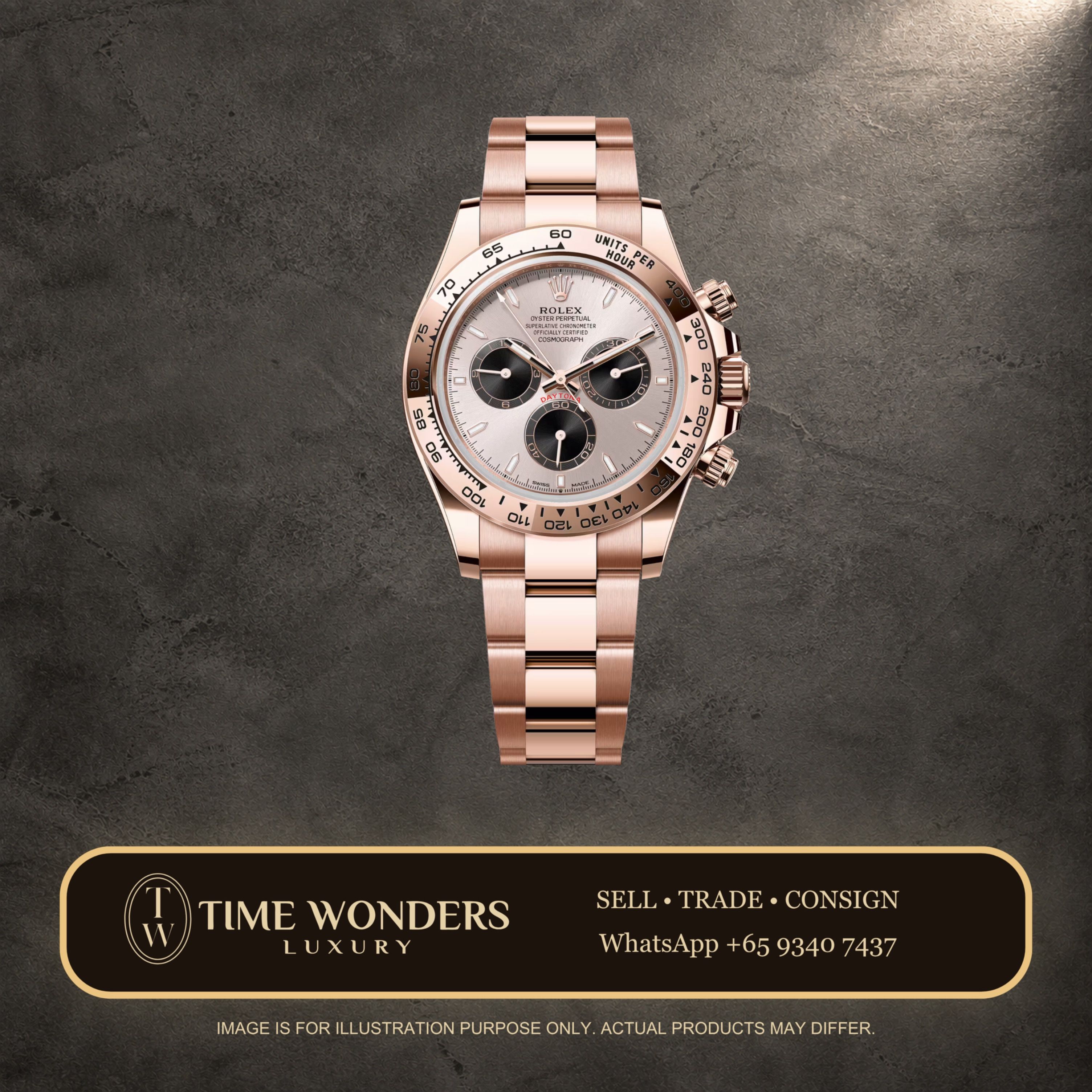 Used March 2025 Rolex Daytona Rose Gold Sundust 126505-0003 40mm (Category: Watches) located in Singapore. Submitted by timewondersluxury (Listing ID 1469427182, Image 1). Description: Brand: Rolex Model: 126505-0003 Condition: Used Dial: Sundust Case Diameter: 40mm Movement : Automatic Material: Rose Gold Bracelet: Rose Gold Original Box: Yes Original Cert/Papers: Yes Dated: March 2025 Warranty: AGENT INTERNATIONAL WARRANTY ENDING MARCH 2030. Ad