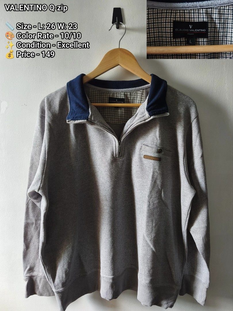 VALENTINO Q-zip Sweatshirt Gray Size L (Category: Coats, Jackets and Outerwear) located in Manila. Submitted by gelog2 (Listing ID 1469418325, Image 1). Description: - Brand: Claudio Valentino - Color: Gray with contrast navy blue collar and plaid inner lining - Size: L (Length: 26 inches, Width: 23 inches) - Features: Quarter-zip design, small chest pocket detail, ribbed cuffs and hem - Condition: 10/10, pristine and clean overall condition - St