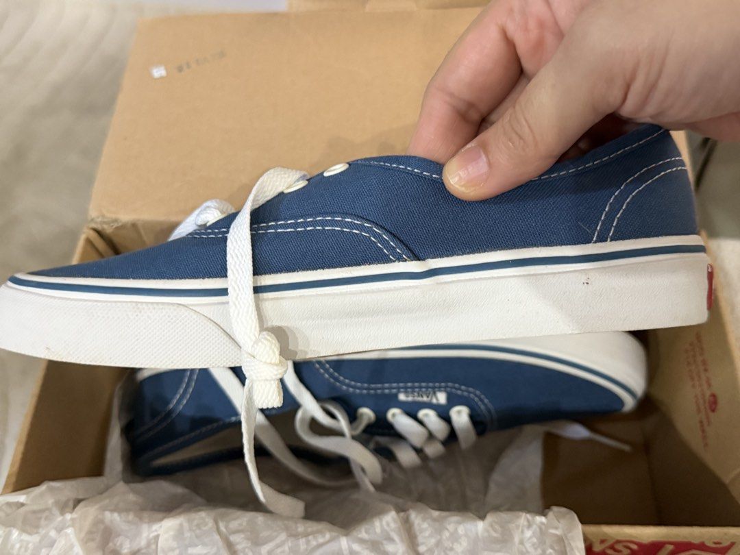 Vans Authentic Blue Canvas Sneakers (Category: Sneakers) located in Calamba. Submitted by shion2022 (Listing ID 1469427626, Image 3). Description: - Brand: Vans Authentic - Color: Navy blue with white contrast stitching and laces - Condition: Brand new, never worn outside - Soles: Spotless white midsoles with signature waffle rubber outsoles - Inclusions: Original shoe box included - Style: Classic low-top skate shoe, comfortable for daily wear.