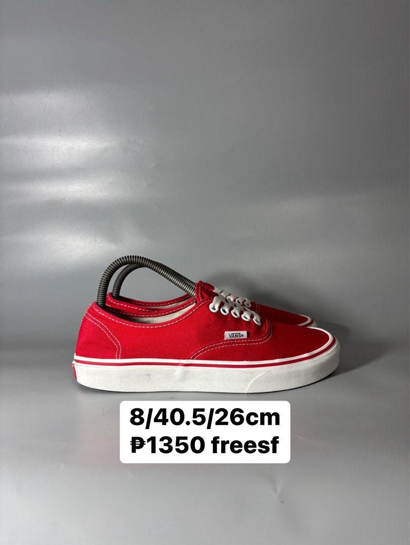 Vans Authentic Red White Size 8 US / 40.5 EU (Category: Sneakers) located in Butuan. Submitted by shoeetasho (Listing ID 1469505882, Image 1). Description: - Brand/Model: Vans Authentic - Color: Bright red canvas with white laces and midsoles - Size: 8 US / 40.5 EUR / 26cm - Design: Classic low-top with signature "Off The Wall" red heel patch - Condition: Clean uppers and soles, minimal wear visible.