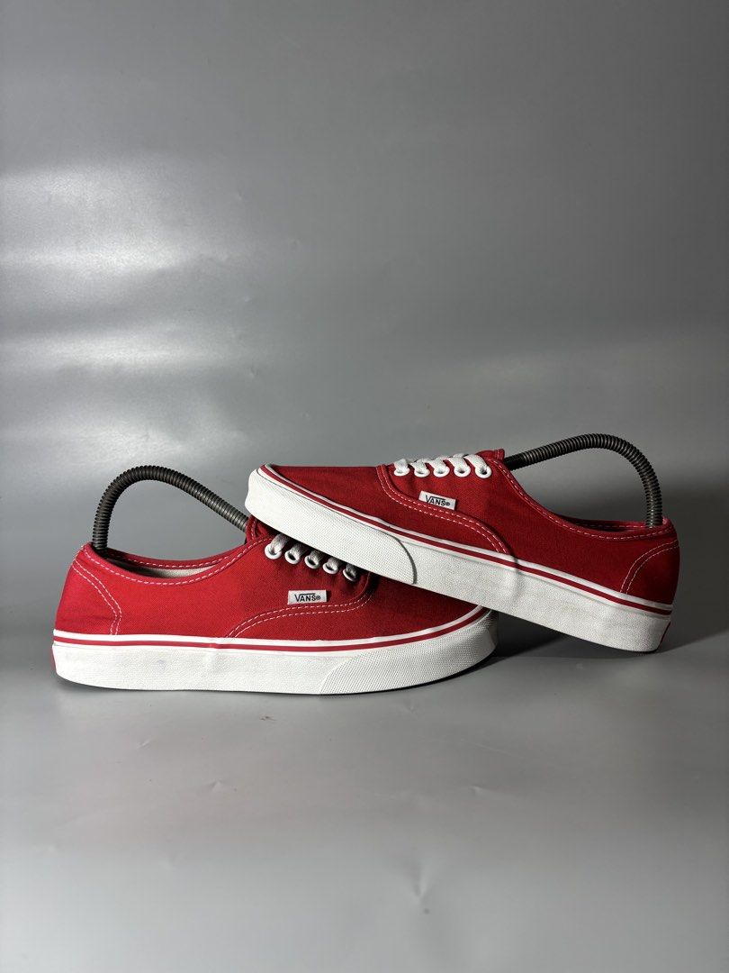 Vans Authentic Red White Size 8 US / 40.5 EU (Category: Sneakers) located in Butuan. Submitted by shoeetasho (Listing ID 1469505882, Image 2). Description: - Brand/Model: Vans Authentic - Color: Bright red canvas with white laces and midsoles - Size: 8 US / 40.5 EUR / 26cm - Design: Classic low-top with signature "Off The Wall" red heel patch - Condition: Clean uppers and soles, minimal wear visible.