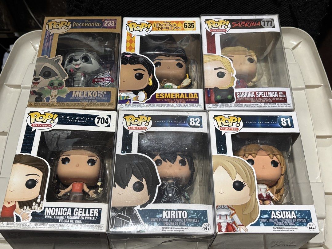 Various Funko Pop collectible (Category: Figurines & Statues) located in Quezon City. Submitted by prelovedby.cxx (Listing ID 1469547210, Image 1). Description: Various Funko Pop Friend Monica Geller Sword art online Kirito and Asuna Disney Pocahontas Meeko With Flit Disney Esmeralda Sabrina Spellman FOR TAKE ALL Price nego for sure buyer.