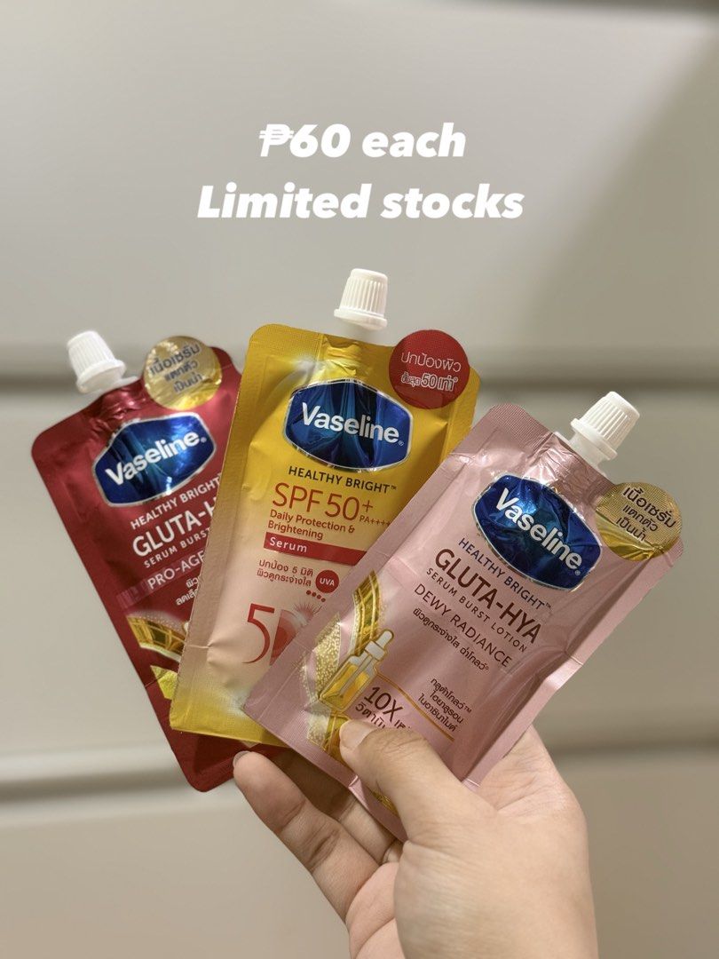 Vaseline Healthy Bright Gluta-Hya Serum Burst Lotion Pouch (Category: Body Care) located in Quezon City. Submitted by catesp (Listing ID 1469568021, Image 1). Description: - Product: Vaseline Healthy Bright Gluta-Hya Serum Burst Lotion - Available Variants: Pro-Age, SPF 50+, and Dewy Radiance - Packaging: Convenient travel-friendly squeeze pouches with screw caps - Price: Only 60 pesos each - Benefits: Perfect for daily skin hydration and brighte