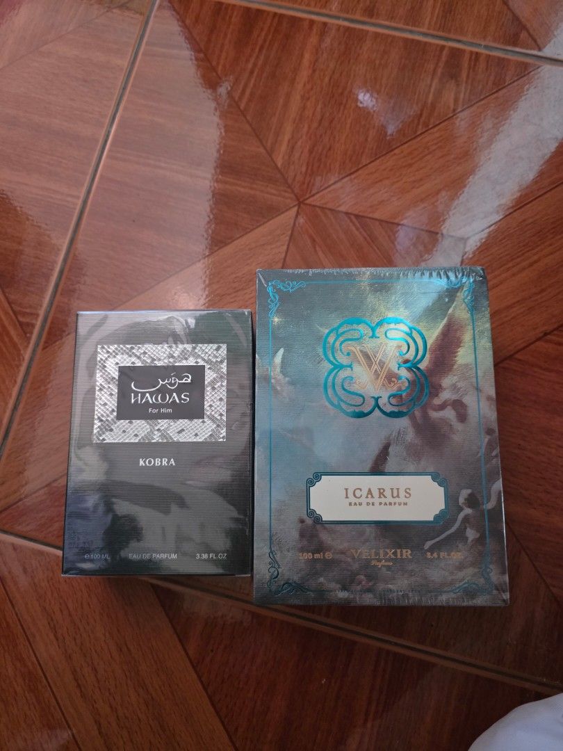Velixir Icarus and Hawas Kobra Eau De Parfum (Category: Fragrance & Deodorants) located in Manila. Submitted by biiiiiilllyyy (Listing ID 1469517297, Image 1). Description: - Item: 2-Piece Men's Fragrance Bundle - Includes: Velixir Icarus EDP (100ml / 3.4 fl oz) and Hawas Kobra EDP (100ml / 3.38 fl oz) Velixer 2250 / Kobra / 1550 - Condition: Brand new, factory sealed in original plastic wrapping - Ideal for: Daily signature scent or ready-to-giv