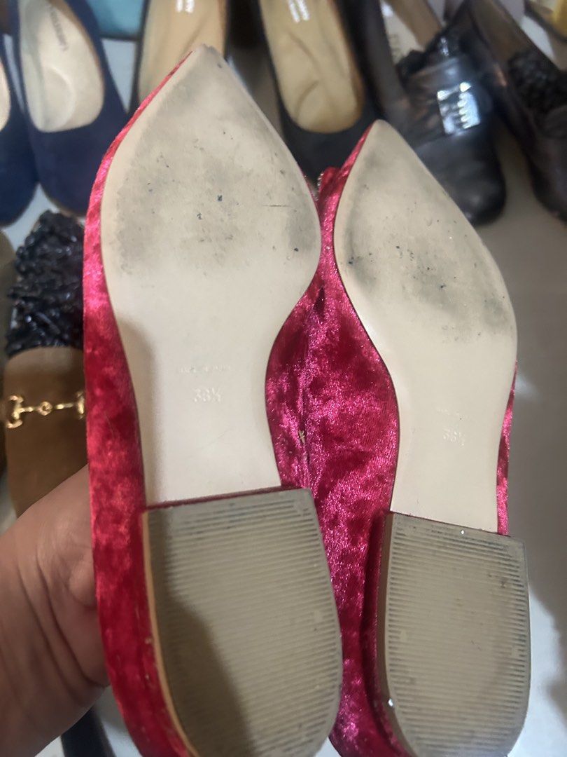 Velvet hot pink size 38.5 (Category: Flats & Sandals) located in Cavite. Submitted by cecitrifthshop (Listing ID 1469418286, Image 3). Description: The selected item is a pair of hot pink velvet flat pumps featuring a pointed toe and a large, crystal-embellished square buckle accent, closely resembling designs PIPPICHIC.