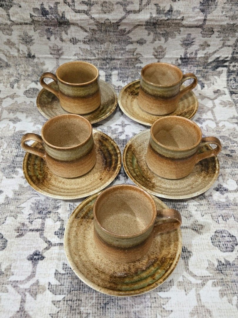 Vintage ceramic cup and saucer set (per pair) (Category: Coffee & Tea Tableware) located in Manila. Submitted by cwknds (Listing ID 1469491928, Image 2). Description: ​​warm mid-century studio ceramics ​cup and saucer set of five. earthy toasted clay palette with handglazed olive and honey tan accents across an organic silhouette. • cup: 6 x 6.5 cm • saucer: 13.7 cm • vintage unused set of 5 w/ box • ₱400/pair • ₱1,500 set of 5 pairs ~ personally