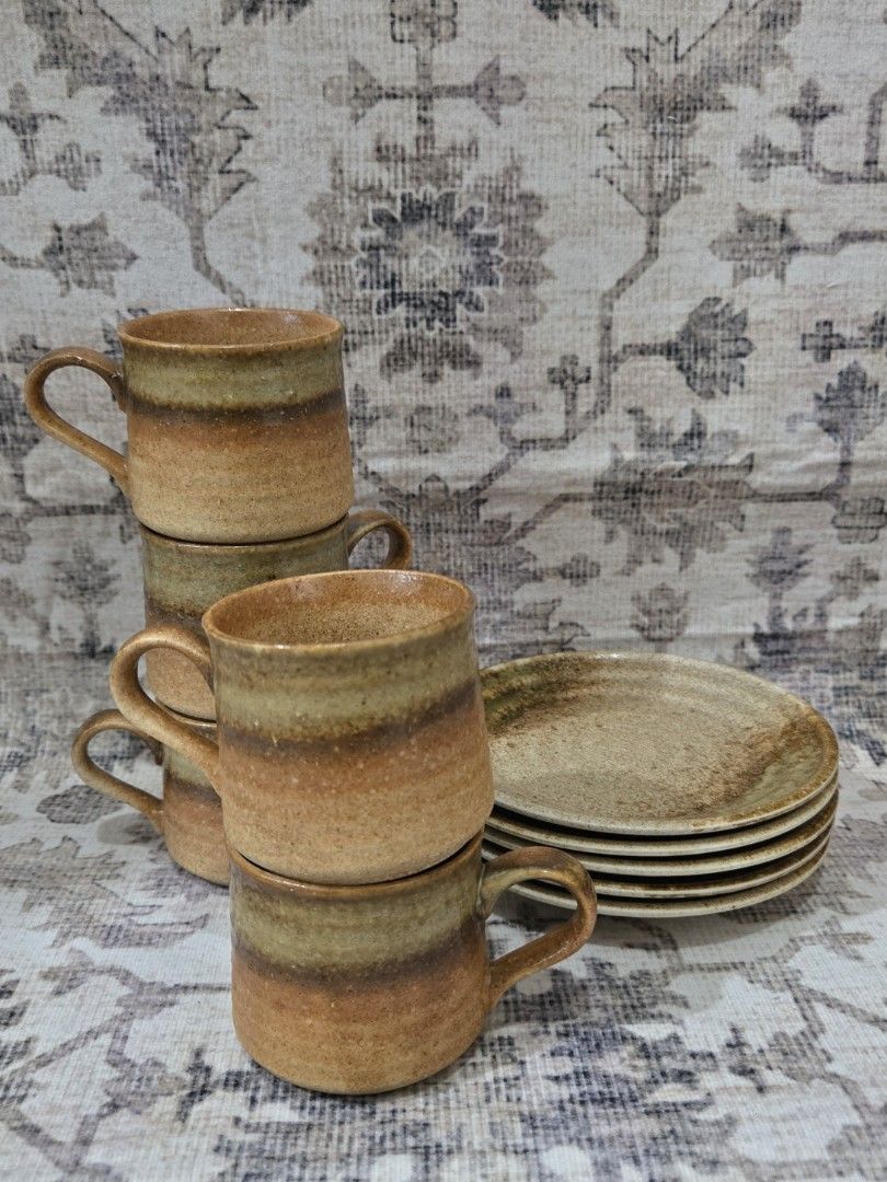 Vintage ceramic cup and saucer set (per pair) (Category: Coffee & Tea Tableware) located in Manila. Submitted by cwknds (Listing ID 1469491928, Image 3). Description: ​​warm mid-century studio ceramics ​cup and saucer set of five. earthy toasted clay palette with handglazed olive and honey tan accents across an organic silhouette. • cup: 6 x 6.5 cm • saucer: 13.7 cm • vintage unused set of 5 w/ box • ₱400/pair • ₱1,500 set of 5 pairs ~ personally