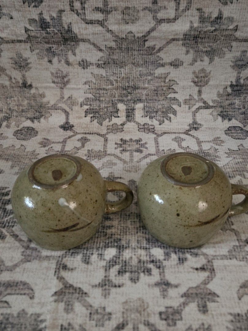 Vintage ceramic cups bundle set (2 pcs) (Category: Coffee & Tea Tableware) located in Manila. Submitted by cwknds (Listing ID 1469488282, Image 3). Description: a pair of vintage japanese speckled stoneware cups featuring a rounded, bulbous silhouette, handpainted bamboo details, and a glossy moss glaze. • 6.5 x 6.5 cm • potter's mark ~ personally sourced&curated.