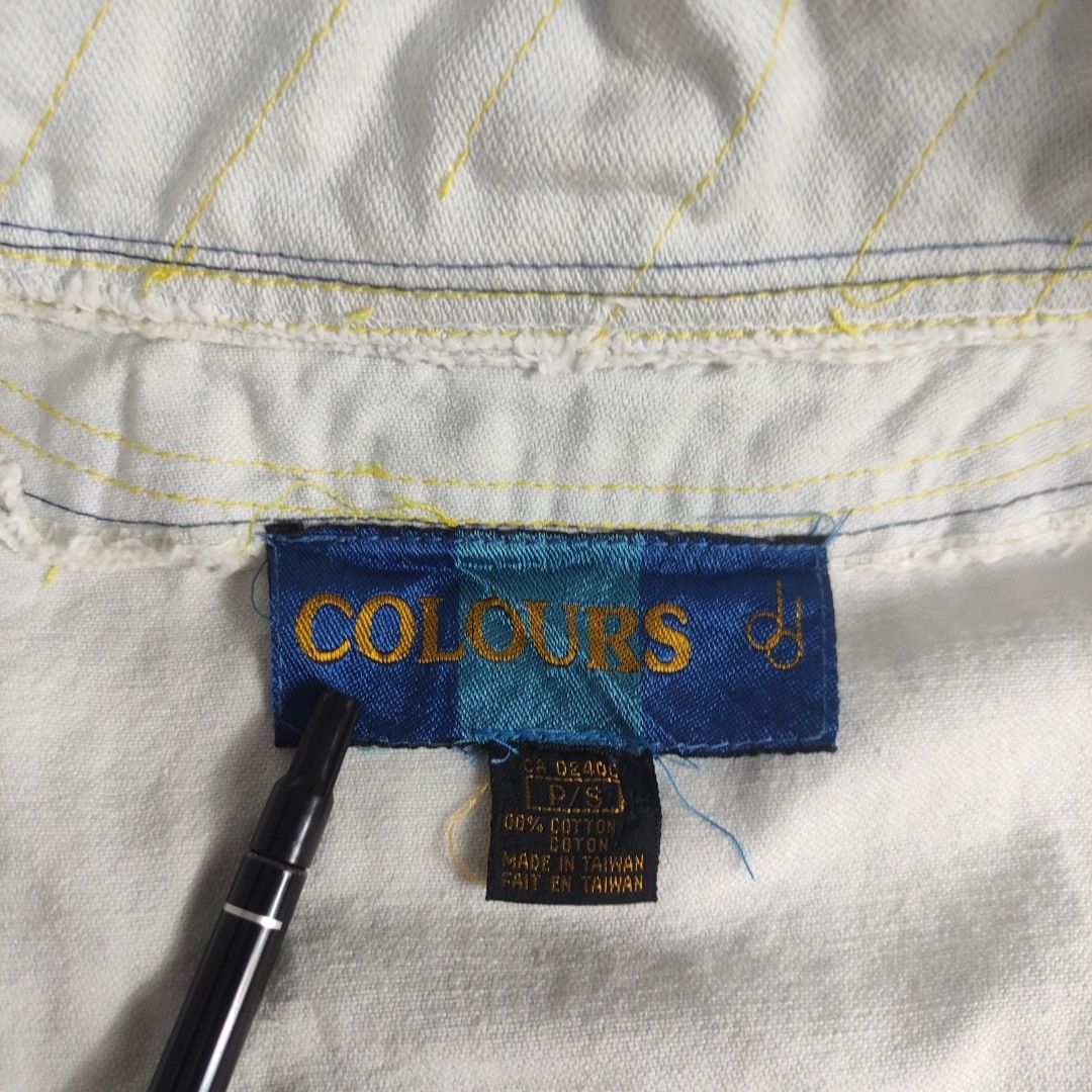 Vintage Colours Asymmetrical Denim Bomber Jacket (Category: Coats, Jackets and Outerwear) located in Bulacan. Submitted by thriftlockerph (Listing ID 1469553194, Image 3). Description: Size: fits M Dimension: 25L 23W Condition: 8/10 Issue: stains.