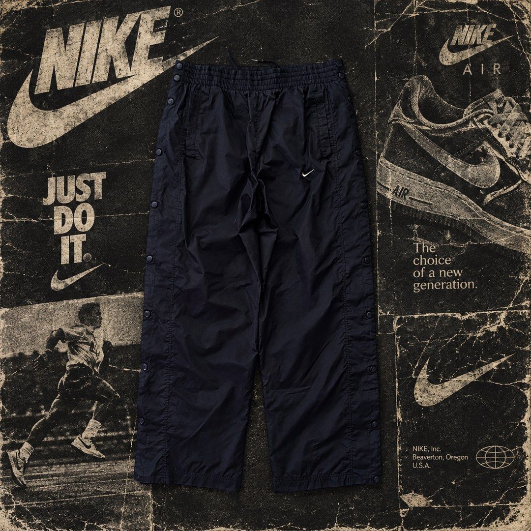 Vintage Nike Track Pants (Category: Activewear) located in Bulacan. Submitted by b4mzz (Listing ID 1469468123, Image 1). Description: Vintage Nike Snap Button Track Pants 🖤 Classic vintage Nike pants with side snap buttons and a relaxed streetwear fit. 📏 Waist: 34” | Length: 41” | Leg Opening: 11” ✨ Condition: Excellent ⚠️ Issue: Missing hem button 💬 Open for reasonable offers!.