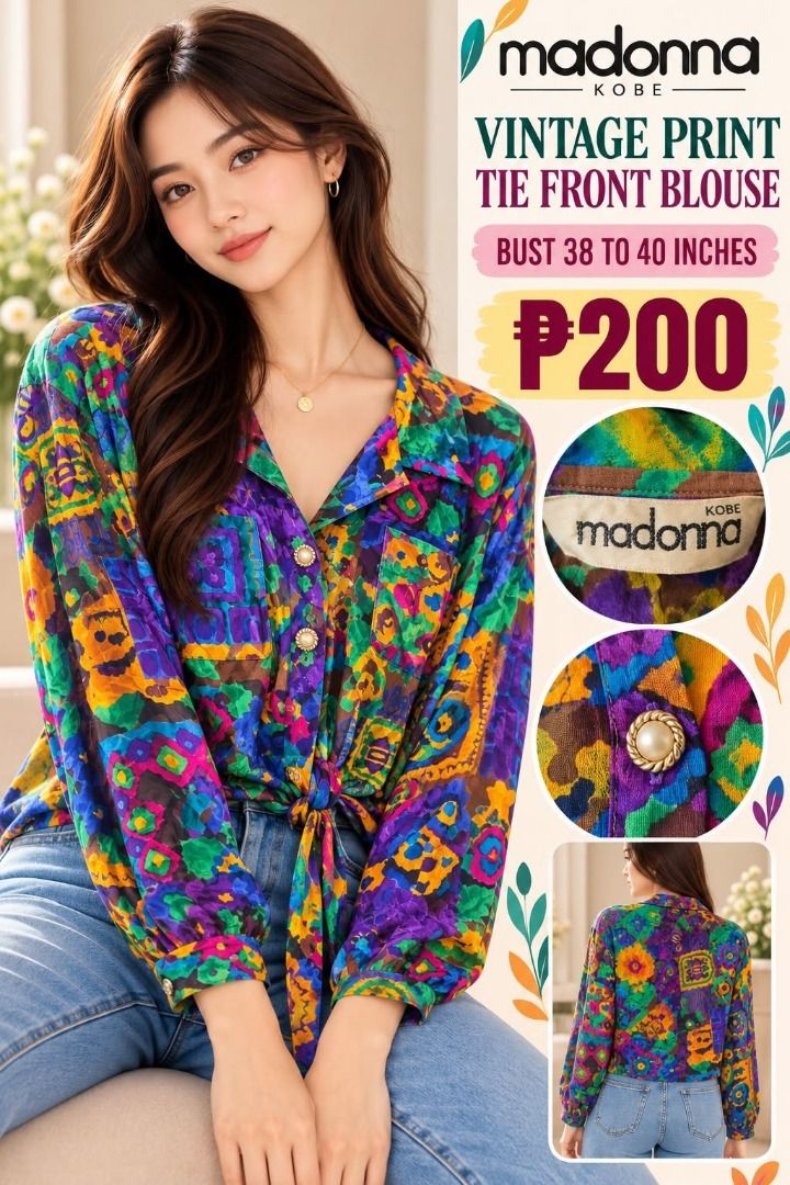 Vintage style Blouse (Category: Blouses) located in Makati City. Submitted by bigheartsclothingcom720 (Listing ID 1469451568, Image 1). Description: **MADONNA KOBE VINTAGE BLOUSE – ₱200 ONLY!** 💖 Bold, colorful & uniquely stylish! ✨ Love the vintage prints and cute tie-front detail—perfect for a standout OOTD! 💃 👚 Bust: 38–40” 🏷️ Brand: Madonna Kobe .
