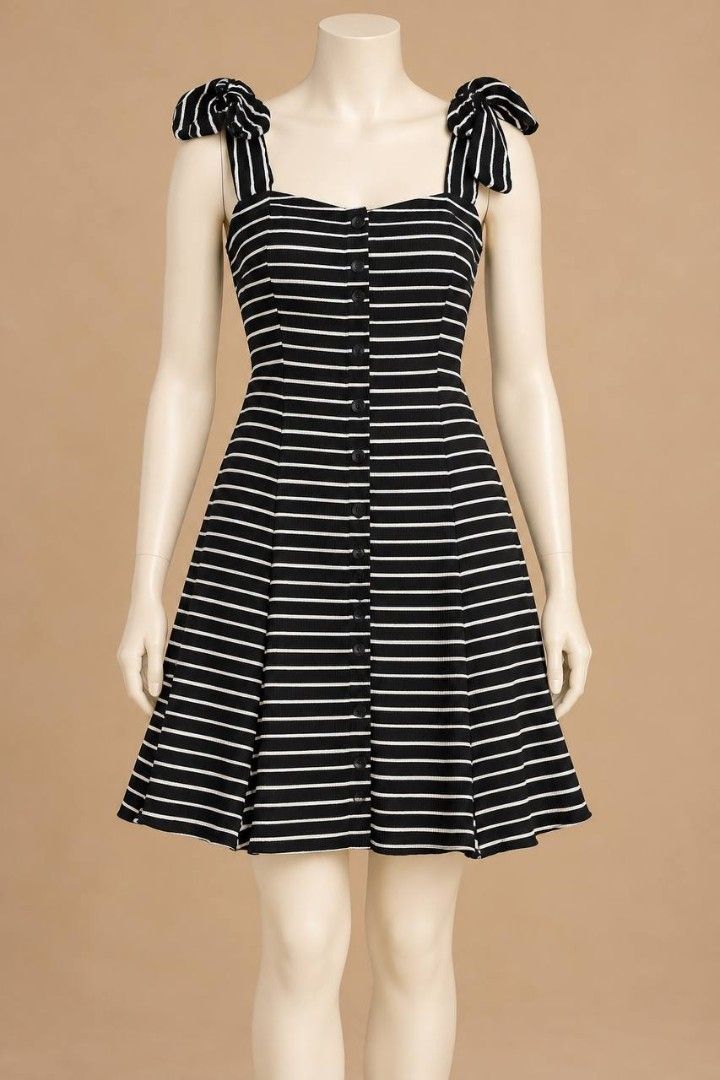 Vintage Style Dress Collection (Category: Dresses) located in Cagayan de Oro. Submitted by micaverzosa30 (Listing ID 1469544948, Image 2). Description: - Retro dresses available in 3 distinct styles - Style 1: Dark navy with ditsy floral print, gathered waist, and elbow-length puff sleeves - Style 2: Black and white striped with a button-down front and ribbon tie shoulders - Style 3: White with bold red polka dots, white Peter Pan collar, and puf