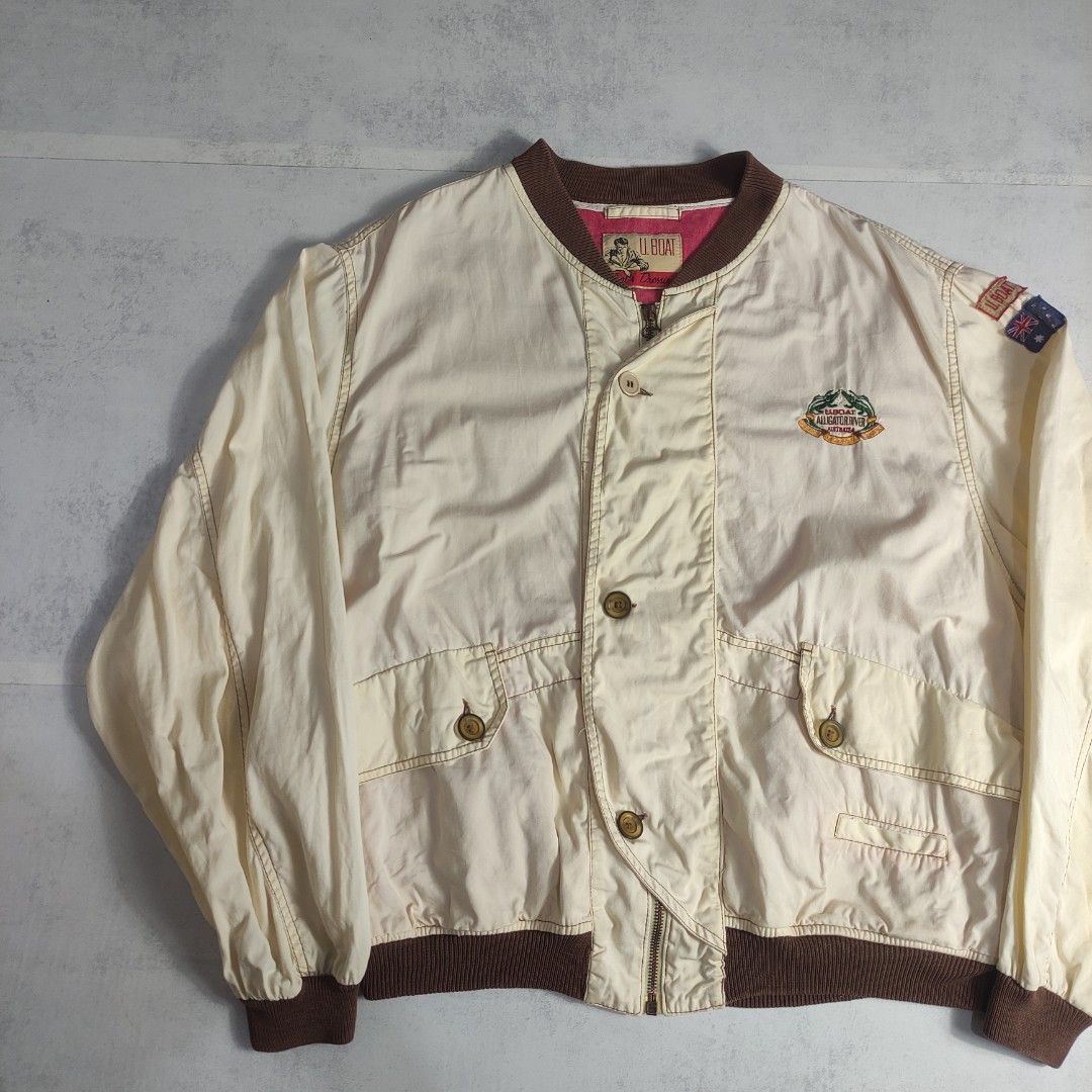 Vintage U. Boat Bomber Jacket (Category: Coats, Jackets and Outerwear) located in Bulacan. Submitted by thriftlockerph (Listing ID 1469552112, Image 2). Description: Size: fits L Dimension: 25L 24W Condition: 9/10 Issue: replaced button.
