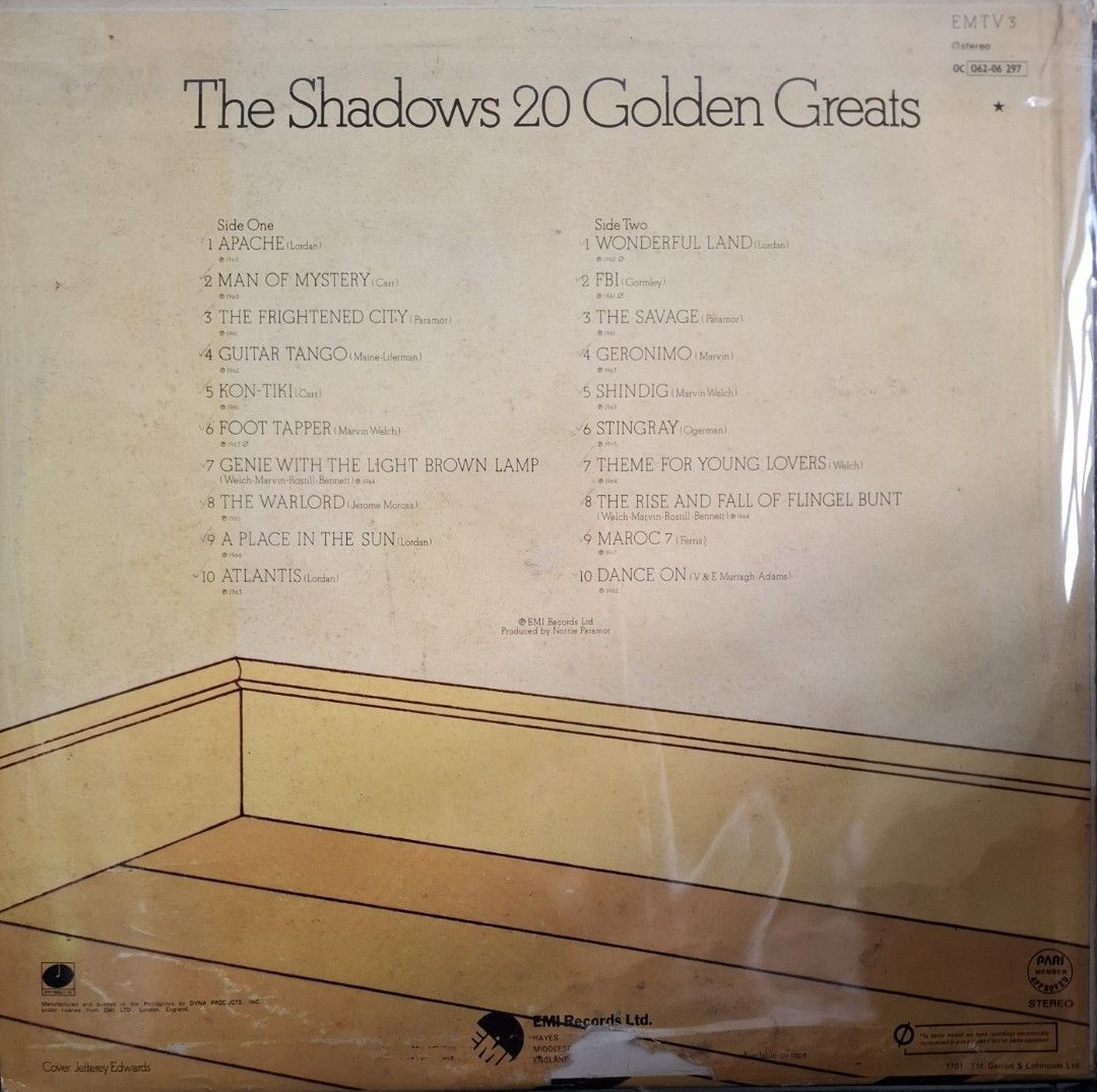 (Vinyl) The Shadows: 20 Golden Greats (Category: Vinyls) located in Makati City. Submitted by decluttermp (Listing ID 1469410847, Image 2). Description: - Local press - Tracklist includes: Apache, Wonderful Land, and FBI (Side One & Side Two) - Condition: Vinyl is Excellent ( makinis) Cover shows minor wear and tear at the bottom corner and edges - with plastic sleeve .