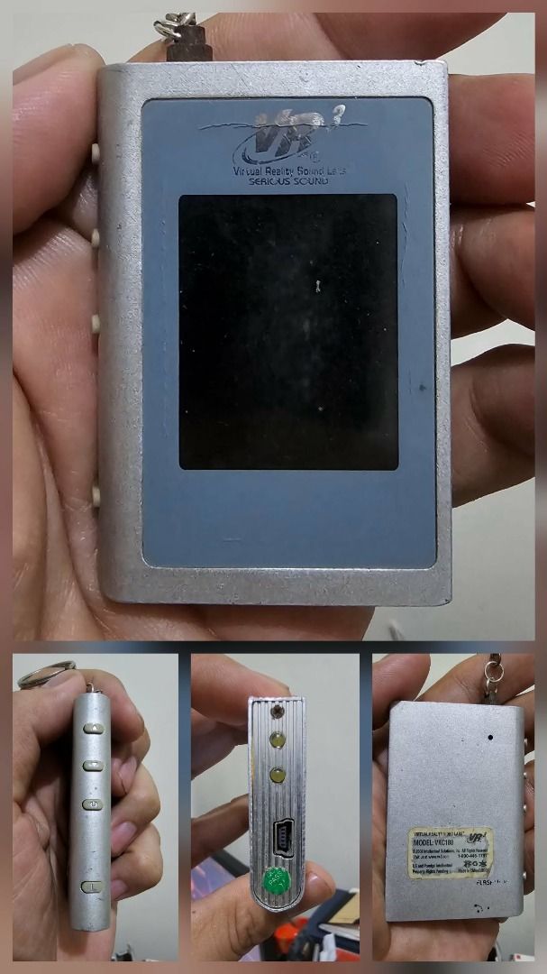 VR3 Virtual Reality Sound Lab MP3 Player (Category: Portable Music Players) located in Manila. Submitted by mwnadala (Listing ID 1469449536, Image 2). Description: Color: Silver Brand: Virtual Reality Sound Labs (VR3) Model: VKC190 Design: Silver-colored housing with a small LCD screen, side control buttons, a keychain loop at the top, and a mini-USB port on the side. Condition: Used Reason for Selling: No more need Meet Up Location: LRT 2 V Mapa