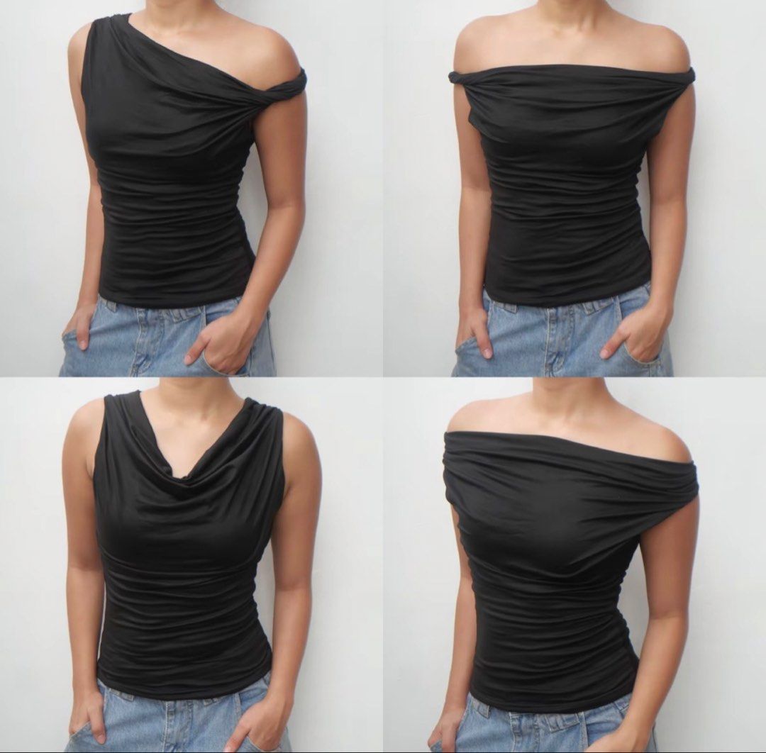 VXN Versatile Multi-Way Ruched Black Top (Category: Sleeveless) located in Manila. Submitted by janna606 (Listing ID 1469544254, Image 1). Description: - Multi-way neckline: can be worn off-shoulder, one-shoulder, or as a cowl neck - Features stylish all-over ruching down the body - Stretchy fabric that flatters and hugs your curves - Versatile basic piece, easy to dress up or down with jeans - Color: Classic black.