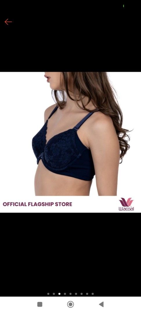 Wacoal Navy Blue Lace Bra (Category: Undergarments & Loungewear) located in Taytay. Submitted by misspol (Listing ID 1469475598, Image 3). Description: - Brand: Wacoal (Official Flagship Store) - Color: Navy Blue - Design: Beautiful floral lace overlay with scalloped edges - Closure: Convenient front closure - Straps: Adjustable shoulder straps - Comfort: Smooth fabric on sides and back - Condition:used once only front lock size a80.