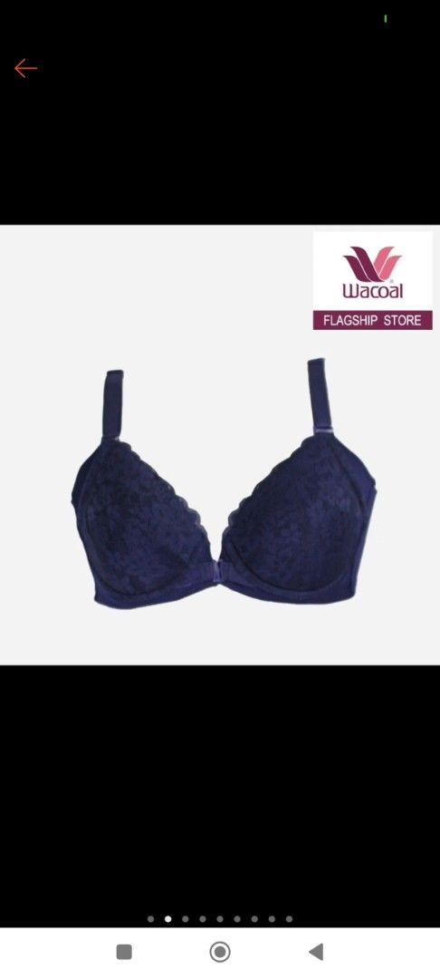 Wacoal Navy Blue Lace Bra (Category: Undergarments & Loungewear) located in Taytay. Submitted by misspol (Listing ID 1469475598, Image 1). Description: - Brand: Wacoal (Official Flagship Store) - Color: Navy Blue - Design: Beautiful floral lace overlay with scalloped edges - Closure: Convenient front closure - Straps: Adjustable shoulder straps - Comfort: Smooth fabric on sides and back - Condition:used once only front lock size a80.