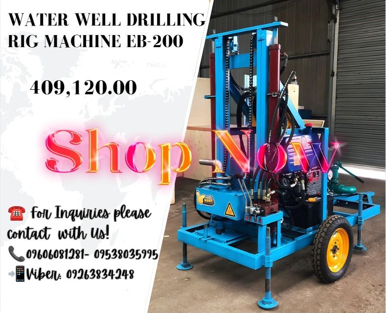 Water Well Drilling Rig machine EB-200 (Category: Everything Else Others) located in Caloocan City. Submitted by cosmicstar_f9d177 (Listing ID 1469408525, Image 1). Description: 120m drill pipe - 141,760 🍀Overall dimension: 1900*1100*2600 🍀drill weight: 620KG 🍀Applicable voltage: 380V Diesel generators 🍀Pump power: 2.2KW 🍀Drill pipe length: 1.5M 🍀Borehole diameter: Within 400mm 🍀Drilling rig power- 4000w 🍀Drill pipe diameter: 50mm 🍀Drill