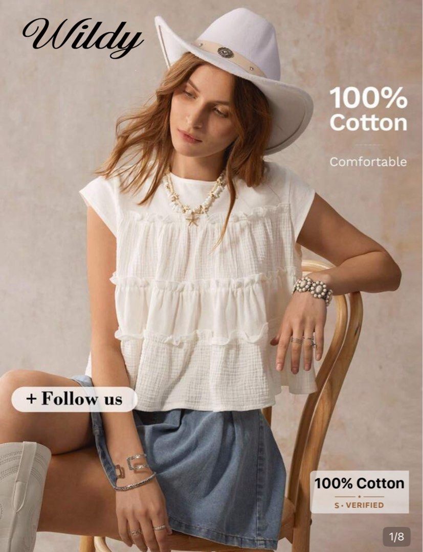 Wildy White Cotton Ruffled Tiered Sleeveless Blouse (Category: Sleeveless) located in Pasig City. Submitted by lai028 (Listing ID 1469534712, Image 3). Description: Super nice fabric, brandnew (selling coz it’s big on me - Size - best fit medium - Brand: Wildy - Material: 100% breathable cotton - Color: White - Design: Three-tiered with delicate ruffled trim details and round neckline - Fit: Casual and breezy - Best paired with: Denim skirts or s