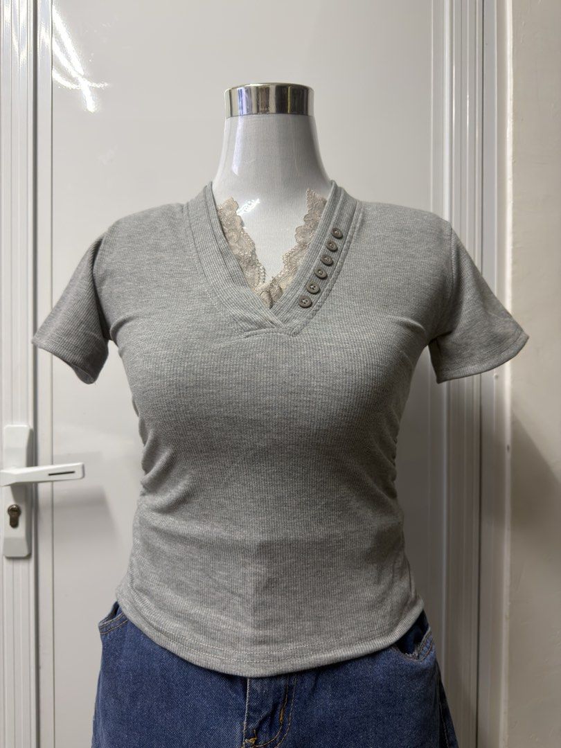 Women’s Grey button & Lace Top (Category: Blouses) located in Manila. Submitted by signatureessentialsph (Listing ID 1469558381, Image 1). Description: Color Gray Small-Medium Dm if interested .