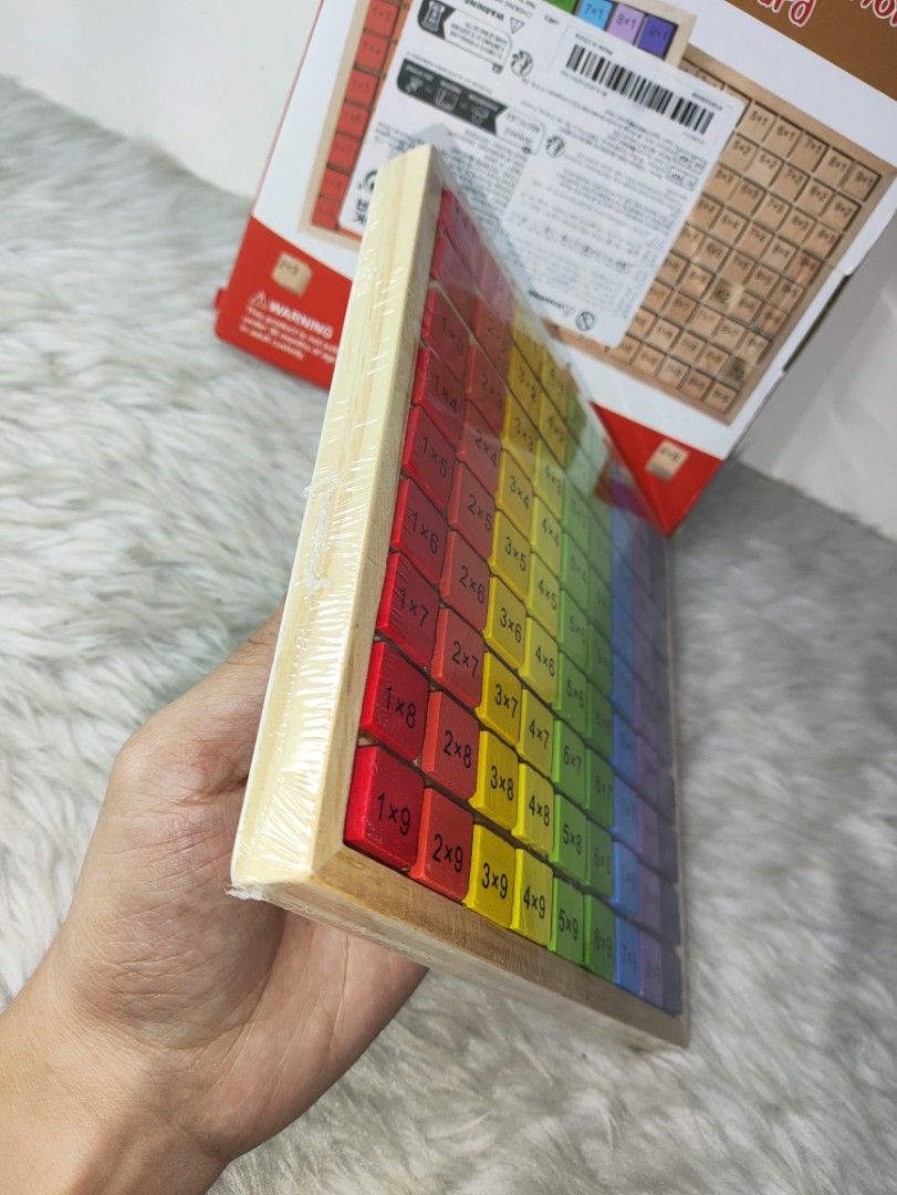 Wooden Multiplication Table Board Educational Toy (Category: Educational & Learning Toys) located in Cavite. Submitted by tinetaclesss (Listing ID 1469519221, Image 2). Description: - Product: Wooden multiplication table board for kids - Features: Colorful numbered blocks that fit inside a wooden frame - Condition: Brand new, plastic shrink wrap still intact around the board - Inclusion: Comes with the original box - Perfect for: Learning and pra
