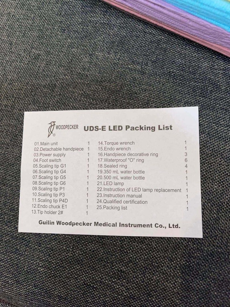 Woodpecker UDS-E LED (Category: Medical Supplies & Tools) located in Manila. Submitted by jarrd.xx (Listing ID 1469406055, Image 2). Description: - Authentic Woodpecker UDS-E LED Ultrasonic Scaler box set - Functions: Scaling, perio, and endo treatments - Detachable LED handpiece with non-heating tips and automatic water supply mode - Complete inclusions: Main unit, power supply, foot switch, water bottles, and manual - Full tip set: G1, G4, G5, 