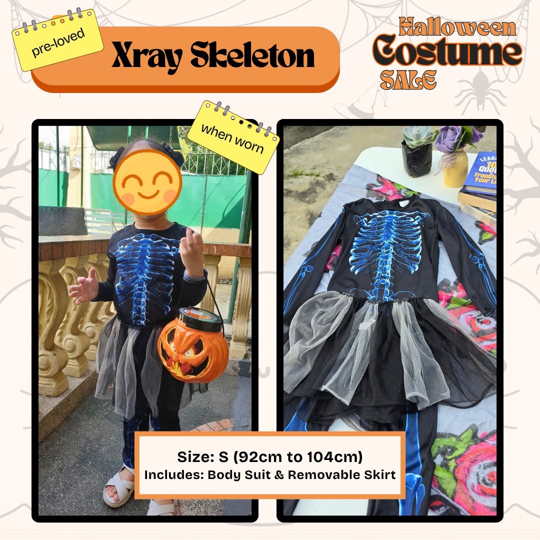 Xray Skeleton Halloween Costume Size S (Category: Babies & Kids Fashion) located in Paranaque City. Submitted by prettykelle (Listing ID 1469418097, Image 2). Description: - Item: Kids Xray Skeleton Costume (used only once) - Size: Small (fits heights 92cm to 104cm) - Inclusions: Full body suit with cool blue bone prints and a removable black & white mesh tutu skirt - Condition: Worn once, super clean, and ready to wear - Perfect for: Halloween p
