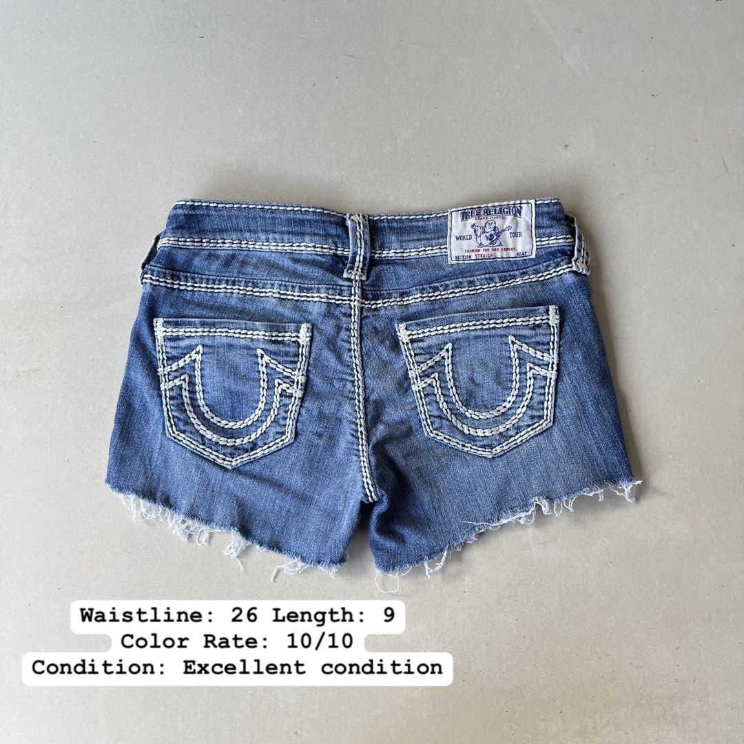Y2k True Religion Denim Shorts (Category: Shorts) located in Mandaue City. Submitted by chinsyap_03 (Listing ID 1469468432, Image 1). Description: - Brand: True Religion - Style: Classic Y2K denim cutoffs - Wash: Medium blue - Waist: 26 inches - Length: 9 inches - Details: Signature thick white stitching, horseshoe back pockets, frayed raw hem, button fly, and back leather logo patch - Condition: Excellent pre-loved condition - Mode of Payment: G