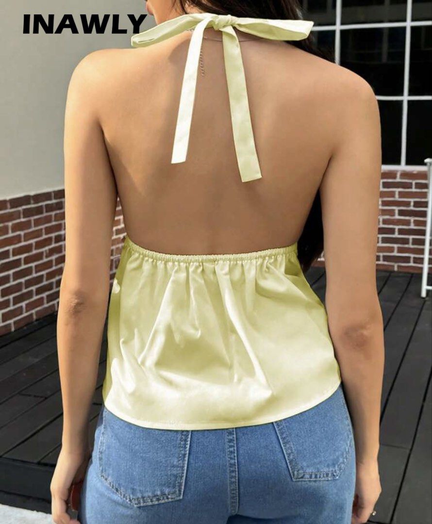 Yellow summer halter top (Category: Sleeveless) located in Manila. Submitted by chlstnz (Listing ID 1469471049, Image 3). Description: - XS - never used - already sold out on shein - rfs: too small on me - dm for more pics 💗.