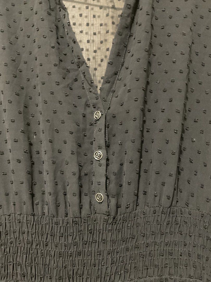 Zara Basic Black Dot Swiss Dress Size S (Category: Dresses) located in Quezon City. Submitted by patriciam.02 (Listing ID 1469496460, Image 2). Description: - Brand: Zara Basic - Size: S (Made in Morocco) - Color: Black with all-over textured dot pattern - Style: Midi dress, lightweight and flowy fabric - Details: V-neckline with 3 front buttons, stretchy smocked waist, and long sleeves with button cuffs.