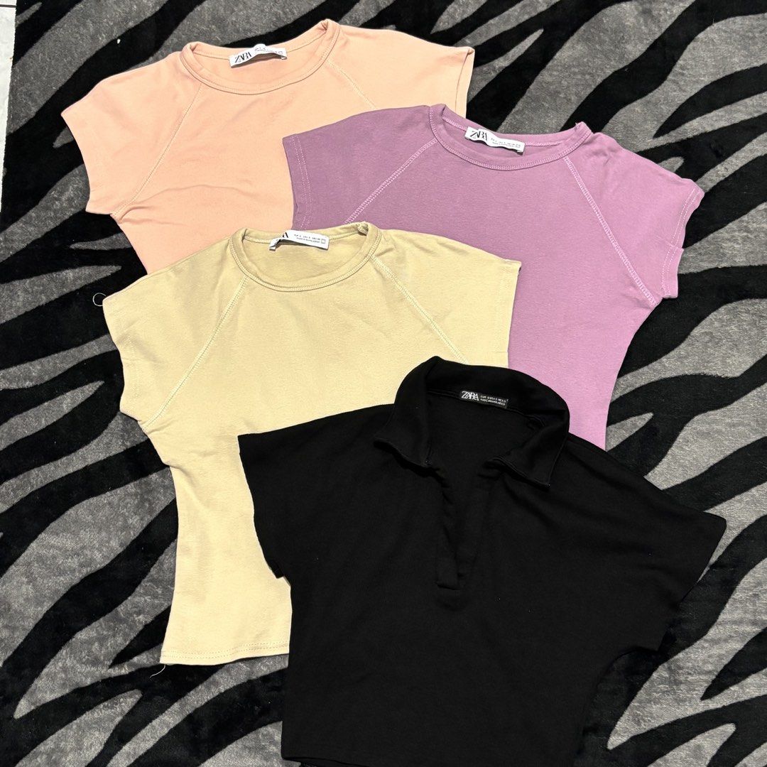 Zara basic ribbed top bundle (Category: Shirts) located in Caloocan City. Submitted by declutter.cal (Listing ID 1469542536, Image 1). Description: Xs-s Like new Take all 280 Basic ribbed - pink, purple, beige Polo cropped - black.