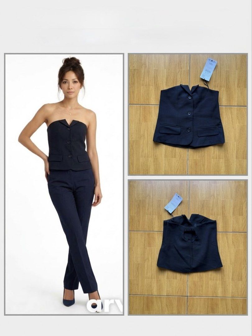 Zara Black Button-Up Tube Top (Category: Sleeveless) located in Cebu City. Submitted by hazelcris (Listing ID 1469517814, Image 1). Description: - Brand: New with tags (NWT) - Color: Dark navy blue - Style: Strapless tailored vest top with lapel collar and front button closure - Details: Two faux pockets and a stylish open cutout strap design at the back - Condition: Brand new, never worn - Versatility: Perfect for dressing up for formal events o
