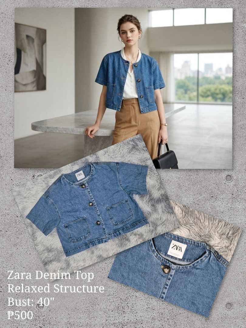 Zara Denim Top (Category: Blouses) located in General Trias. Submitted by relove_closet8 (Listing ID 1469553506, Image 1). Description: • Washed and never used. • Relaxed structure. • Premium denim. • Buyer handles shipping fee and book J&T or Lalamove only. • Payment first via bank transfer or e-wallet • No cancellation/return/refund of orders. 📍Lancaster, General Trias (Weekdays) 📍Las Piñas (Saturday & Sunday).