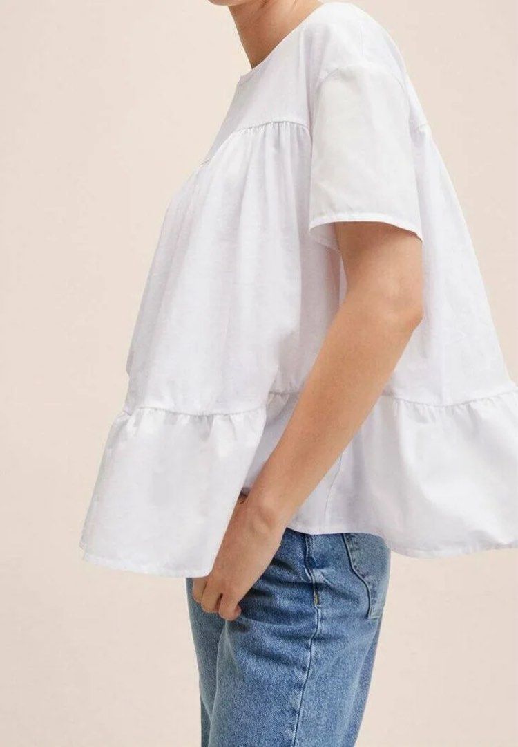 Zara White Tie-Back Peplum Blouse (Category: Blouses) located in Mandaluyong City. Submitted by blzstr (Listing ID 1469435832, Image 1). Description: PHOTOS FOR REFERENCE ONLY - Flowy babydoll short sleeve blouse with tiered ruffles - Cute ribbon tie-back closure at the upper back - Size: S (Made in Morocco) WITH STAIN ISSUE (not sure if washable, haven’t tried yet, nastock na).